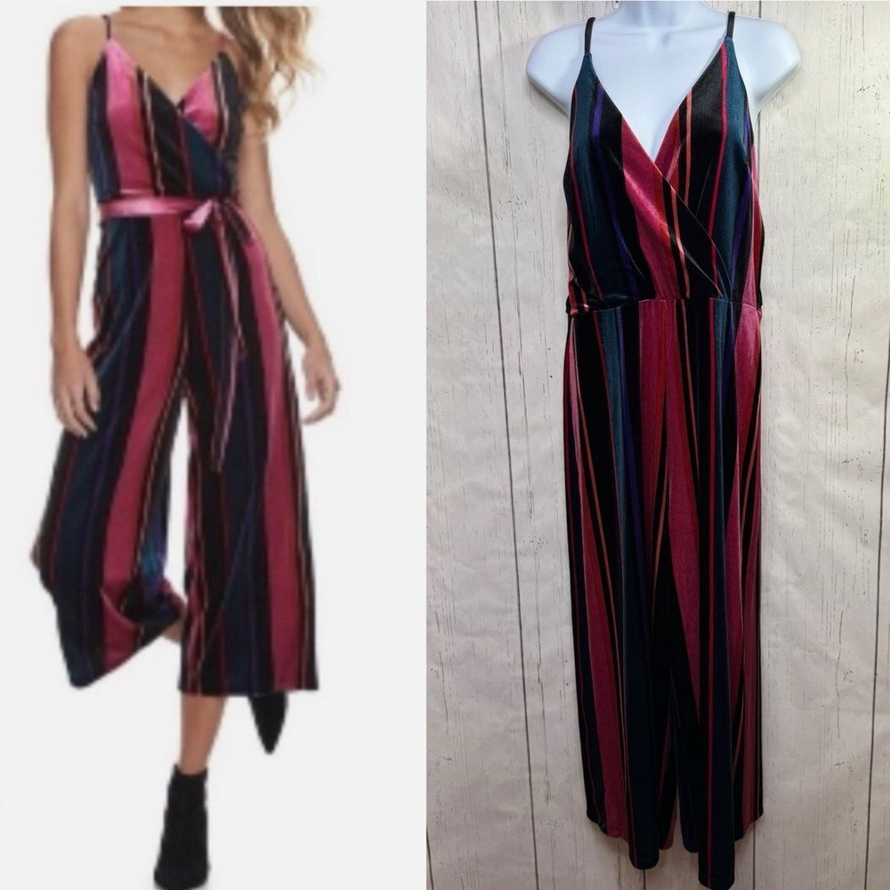 Speechless XXL Striped Wrap Jumpsuit Wide Leg Surplice Velour Multicolor Boho